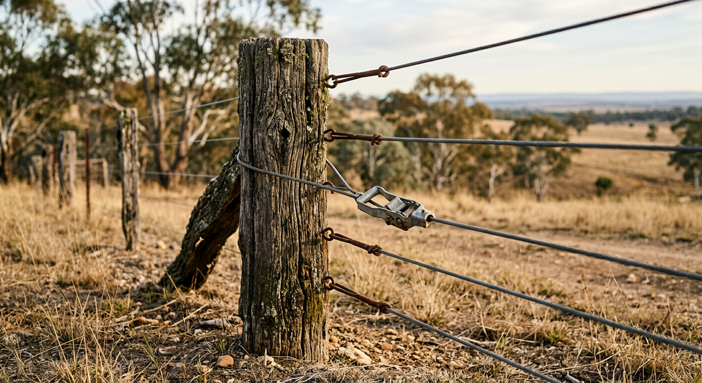 Weathered timber fence posts with tensioned steel wire on a rural fence line